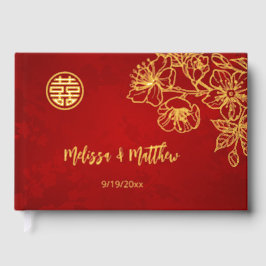 Floral Gold Red Chinese Wedding Gästebuch