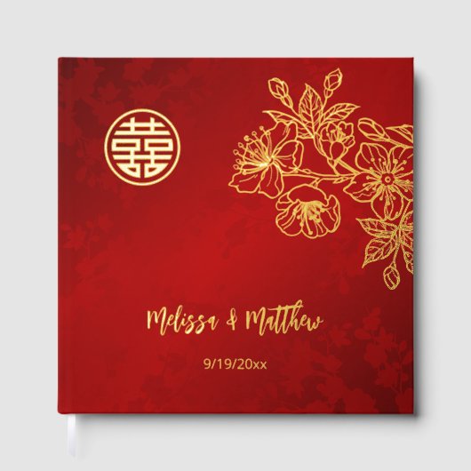 Floral Gold Red Chinese Wedding Gästebuch (Vorderseite)