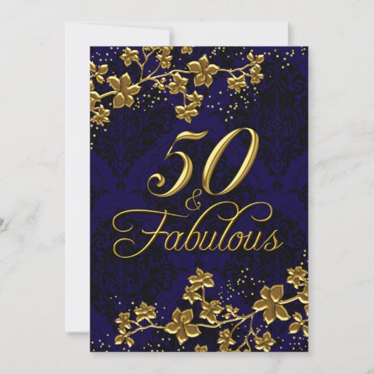 Floral Gold Royal Blue 50 & Fantastische Einladung (Vorderseite)