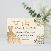 Floral Gold Save the Date Geburtstag Quinceanera (Stehend Vorderseite)