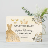 Floral Gold Save the Date Geburtstag Quinceanera (Stehend Vorderseite)