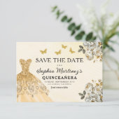 Floral Gold Save the Date Geburtstag Quinceanera (Stehend Vorderseite)
