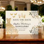 Floral Gold Save the Date Geburtstag Quinceanera<br><div class="desc">Erzählen Sie Ihren besonderen Tag mit der Floral Gold Save the Date Quinceañera Karte. Dieses elegante Design besticht durch luxuriöse goldene Blumenakzente, die Eleganz und Charme ausstrahlen. Das Hotel ist ideal, um den Ton für Ihre kommende Quinceañera zu bestimmen, und vereint Save the Date eine Touch von regaler Schönheit mit...</div>
