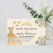 Floral Gold Save the Date Geburtstag Quinceanera (Stehend Vorderseite)