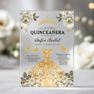 Floral Gold Schmetterling Prinzessin Quinceanera Acryleinladungen