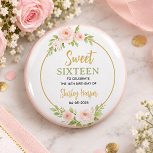 Floral Gold Schrift Süße Sechzehn Geburtstag Button