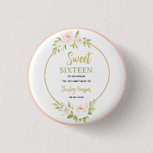 Floral Gold Schrift Süße Sechzehn Geburtstag Button