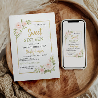 Floral Gold Schriftzug Sweet Sixteen Geburtstag Einladung