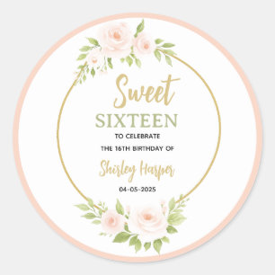 Floral Gold Schriftzug Sweet Sixteen Geburtstag  Runder Aufkleber