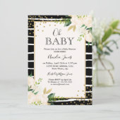 Floral Gold Schwarz-weiß Oh Baby Dusche Einladung (Stehend Vorderseite)