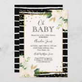 Floral Gold Schwarz-weiß Oh Baby Dusche Einladung (Vorne/Hinten)