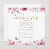 Floral Gold Script Feier zur Beerdigung des Lebens Einladung (Vorne/Hinten)