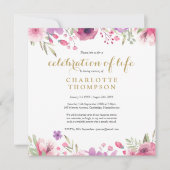 Floral Gold Script Feier zur Beerdigung des Lebens Einladung (Vorderseite)