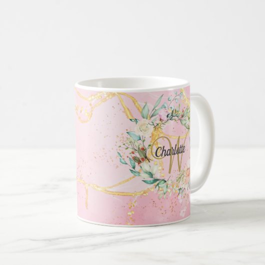 Floral Gold Script Monogram Pink Geode Agate Kaffeetasse (VorderseiteRechts)