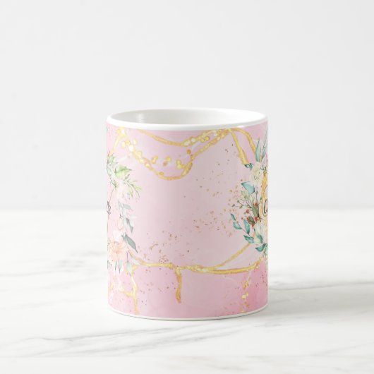 Floral Gold Script Monogram Pink Geode Agate Kaffeetasse (Mittel)