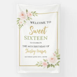 Floral Gold Script Sweet Sixteen Birthday  Banner