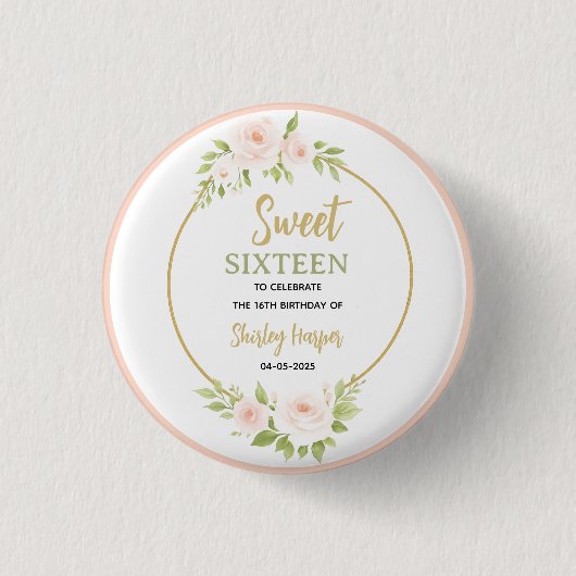 Floral Gold Script Sweet Sixteen Birthday Button (Vorderseite)