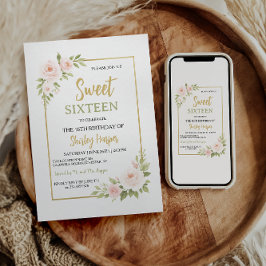 Floral Gold Script Sweet Sixteen Birthday  Einladung