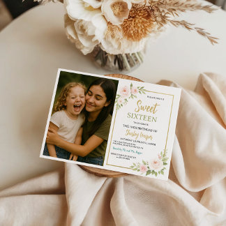 Floral Gold Script Sweet Sixteen Birthday  Einladung