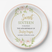 Floral Gold Script Sweet Sixteen Birthday  Pappteller (Vorderseite)