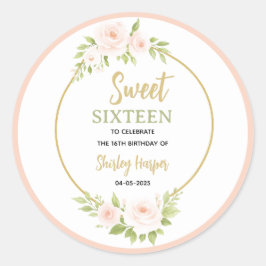 Floral Gold Script Sweet Sixteen Birthday  Runder Aufkleber