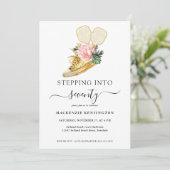 Floral Gold Shoe Pickleball Geburtstag Einladung (Stehend Vorderseite)