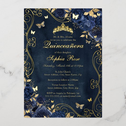 Floral Gold Swirl Butterfly Navy Quinceanera Folieneinladung (Vorderseite)