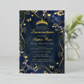 Floral Gold Swirl Butterfly Navy Quinceanera Folieneinladung (Stehend vorne)