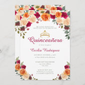 Floral Gold Tiara Quinceanera Einladung (Vorne/Hinten)