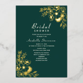 Floral Gold und Emerald Green Brautparty Folieneinladung (Vorderseite)