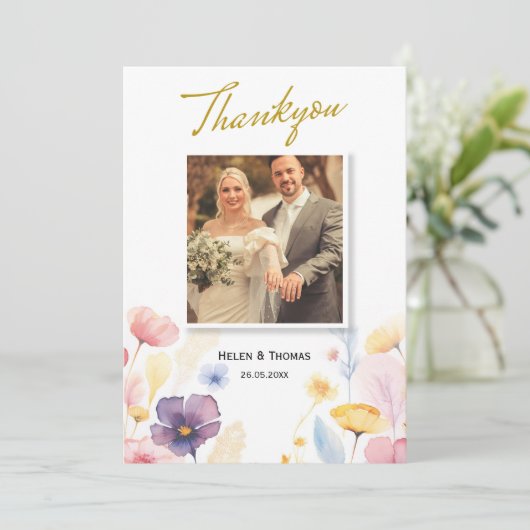 Floral Gold Wedding Thankyou Card Dankeskarte (Stehend Vorderseite)