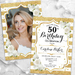 Floral Gold Weißes Foto 50. Geburtstag Einladung<br><div class="desc">Elegante,  florale,  weibliche 50. Geburtstagseinladung mit Ihrem Foto auf der Kartenrückseite. Glam weißes Design mit Imitaten Glitzer Gold. Enthält Streifen,  Rose,  Skript-Schriftart und Konfetti. Ideal für ein stilvolles Party für Erwachsene. Personalisieren Sie Ihre persönlichen Daten. Kann für jedes Alter angepasst werden! Gedruckte Zazzle Einladungen oder Sofortdownload digitalen druckbaren Vorlage.</div>
