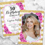Floral Gold Weißrosa Foto 50. Geburtstag Einladung<br><div class="desc">Elegante, florale, weibliche 50. Geburtstagseinladung mit Ihrem Foto auf der Kartenrückseite. Glam weiß, rosa Design mit Imitaten Glitzer Gold. Features Streifen, Baby rosa Rosen, Skript-Schriftart und Konfetti. Ideal für ein stilvolles Party für Erwachsene. Personalisieren Sie Ihre persönlichen Daten. Kann für jedes Alter angepasst werden! Gedruckte Zazzle Einladungen oder Sofortdownload digitalen...</div>