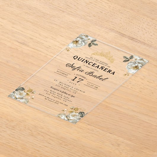 Floral Gold White Princess Quinceanera Acryleinladungen (Ablage )