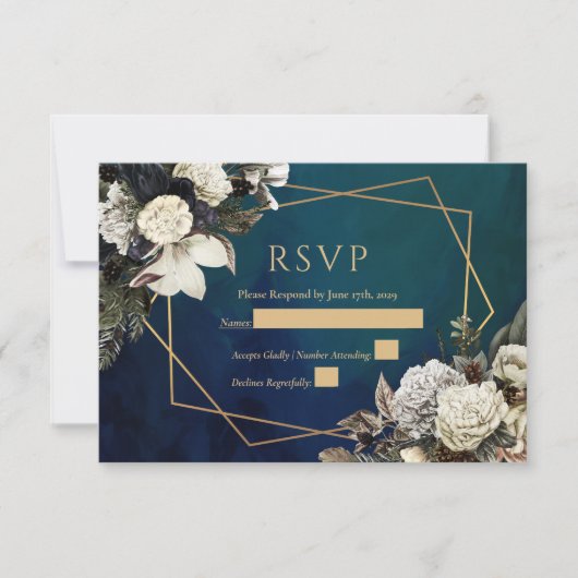 Floral Gold Wreath Emerald Green Wedding RSVP Card Karte (Vorderseite)