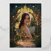 Floral Golden Garden Butterfly Foto Quinceanera Folieneinladung (Vorderseite)