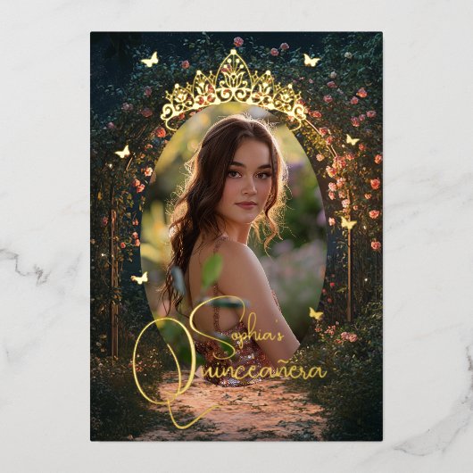 Floral Golden Garden Butterfly Foto Quinceanera Folieneinladung (Vorderseite)