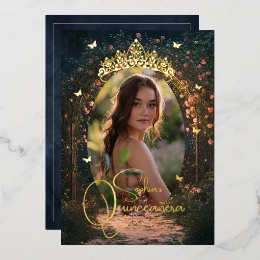 Floral Golden Garden Butterfly Foto Quinceanera Folieneinladung (Vorderseite/Rückseite)