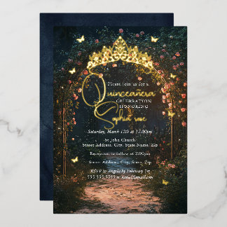 Floral Golden Garden Butterfly Quinceanera Folieneinladung