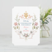 Floral Golden Royal Crest & Blush Roses Wedding Einladung (Stehend Vorderseite)