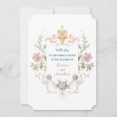 Floral Golden Royal Crest & Blush Roses Wedding Einladung (Vorderseite)