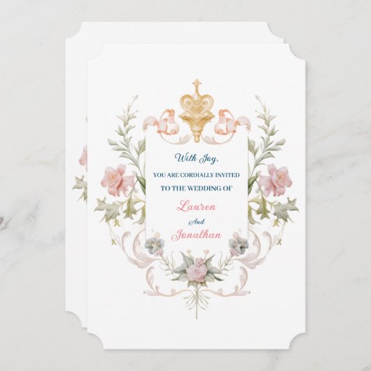 Floral Golden Royal Crest & Blush Roses Wedding Einladung (Vorne/Hinten)
