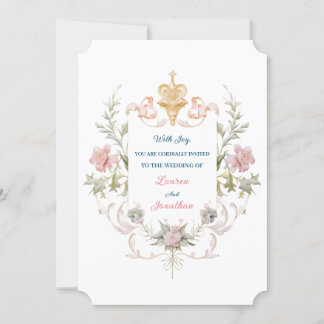 Floral Golden Royal Crest & Blush Roses Wedding Einladung