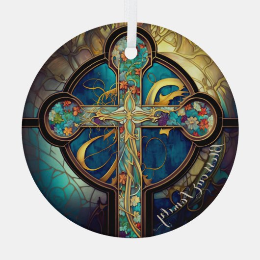 Floral Grace gestanztes Glas Religious Cross Ornament Aus Glas (Rückseite)