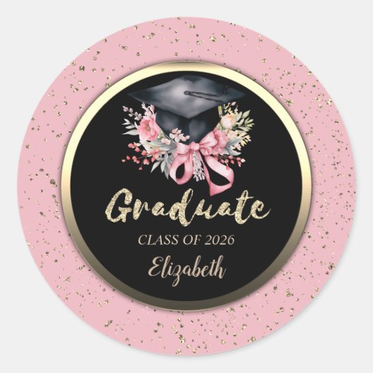 Floral Grad Cap Pink Bow Confetti   Runder Aufkleber (Vorderseite)