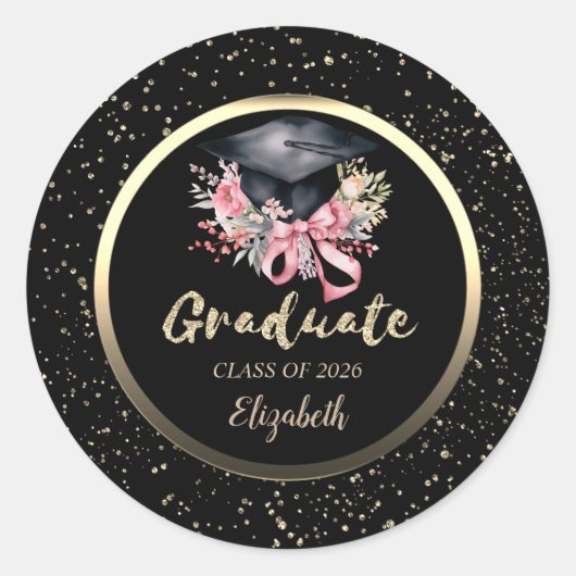 Floral Grad Cap Pink Bow Confetti   Runder Aufkleber (Vorderseite)