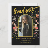 Floral Graduate Foto Gold Script Graduation Party Einladung (Vorderseite)