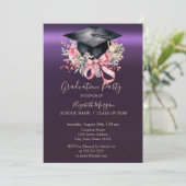 Floral Graduation Cap,Bow Purple Graduation  Einladung (Stehend Vorderseite)