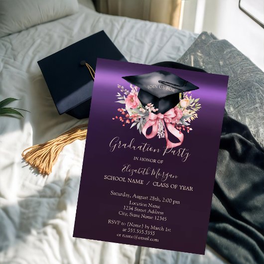 Floral Graduation Cap,Bow Purple Graduation Einladung
