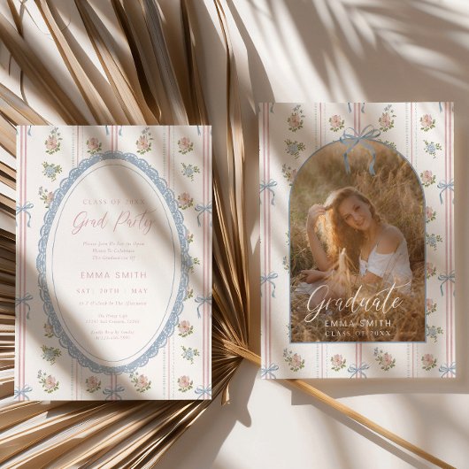 Floral Graduation Photo Announcement Card Blue Bow Einladung